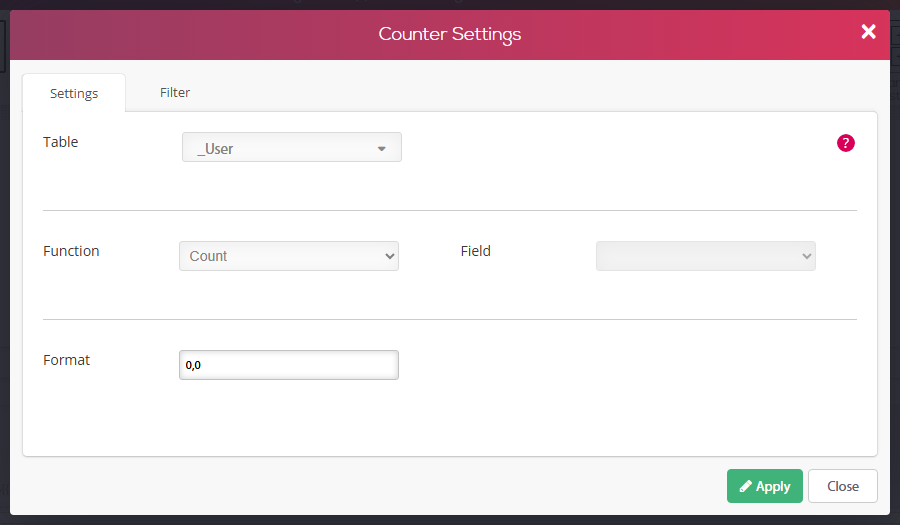 Counter Settings dialog, Settings tab - table _User, function Count, format 0,0