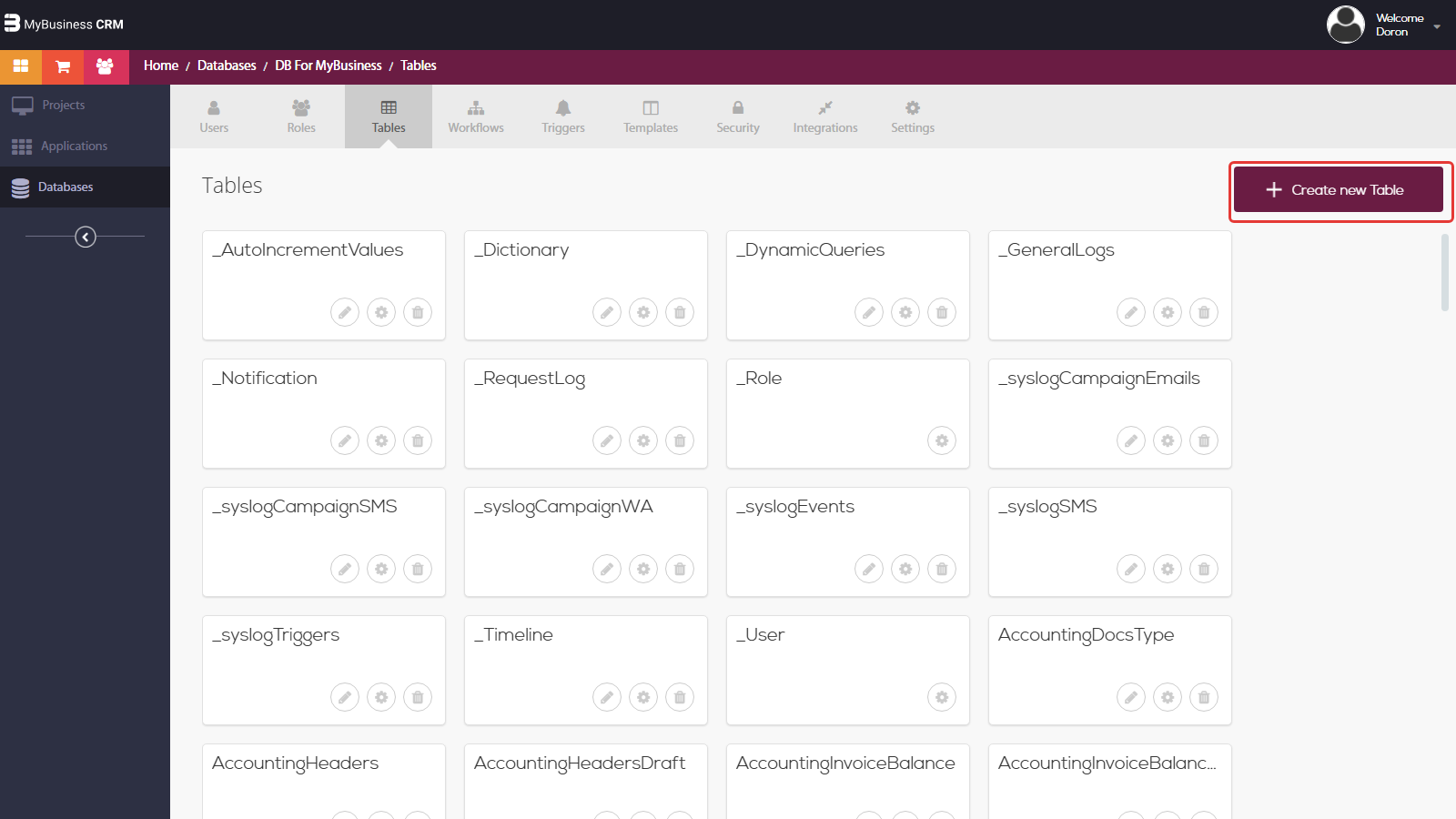 Development environment - the Tables tab of the database connected to the site, with the Create new Table button marked