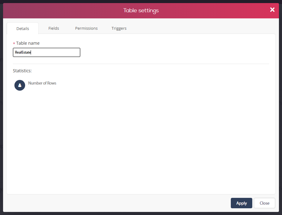 Development environment - Table settings dialog of a new table, Details tab with the table name RealEstate