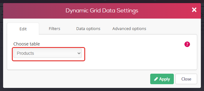 Dynamic Grid Data Settings dialog, Edit tab - the Choose table field (marked) set to the Products table