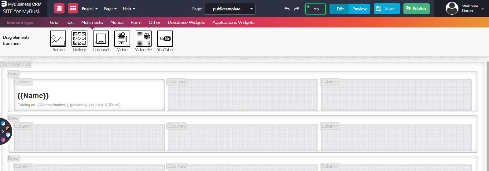Website builder - a Dynamic List on the canvas; the first column holds a header {{Name}} and a text line with {{CatalogNumber}}, {{Inventory}} and {{Price}} placeholders