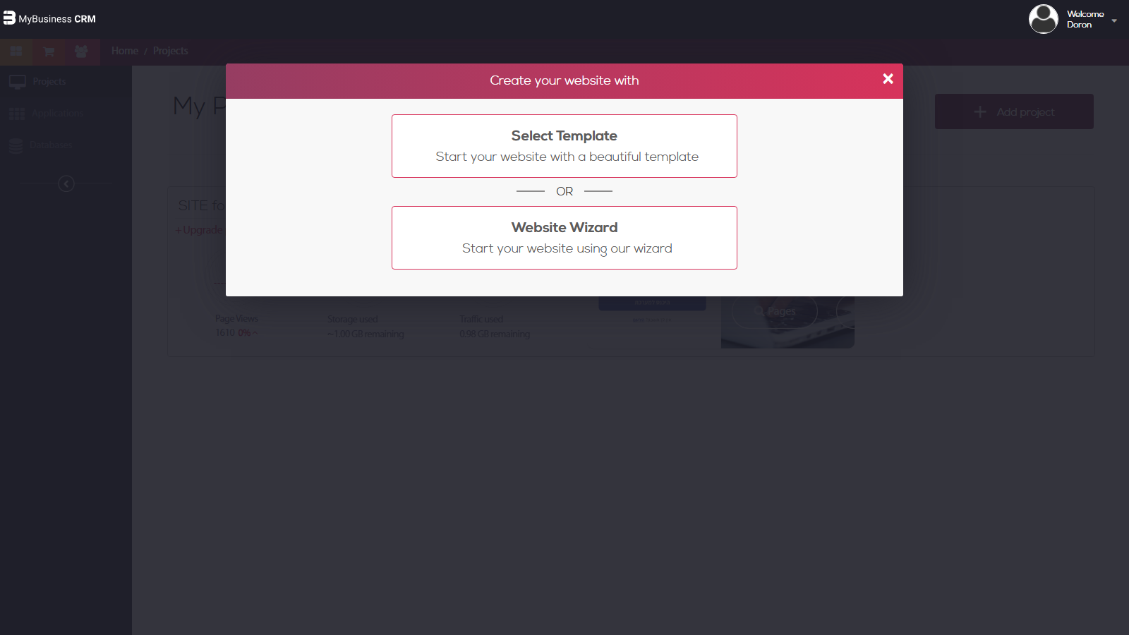 Add project > Website: the Create your website with window, Select Template or Website Wizard