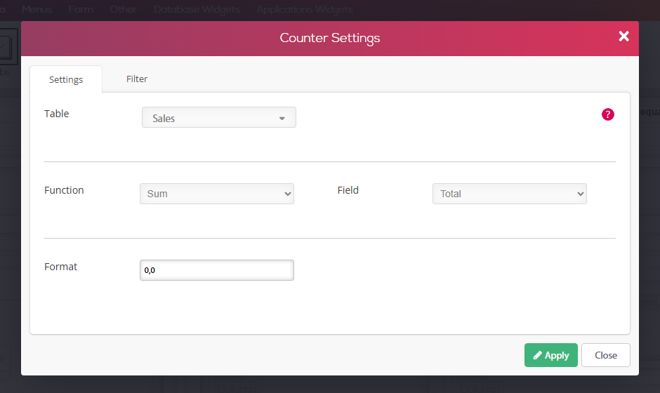 חלון Counter Settings בעורך הדפים — בחירת טבלה (Sales), פונקציה (Sum), שדה (Total) ופורמט מספר