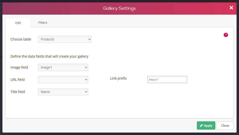 Gallery Settings dialog, Edit tab - table Products, image field Image1, title field Name, with the URL field and Link prefix options