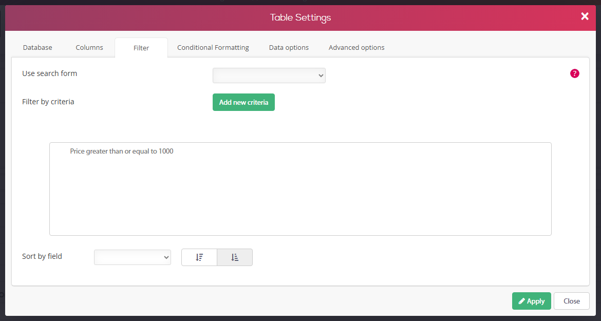 Table Settings, Filter tab - filter by criteria Price greater than or equal to 1000, with the search form option and Sort by field