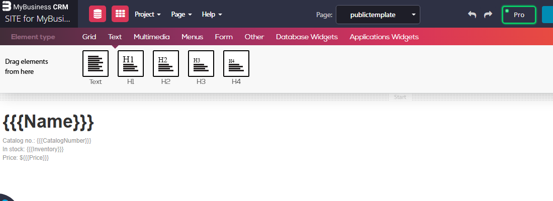 Website builder - a template page with a header {{{Name}}} and a text block with {{{CatalogNumber}}}, {{{Inventory}}} and {{{Price}}} fields in triple curly brackets