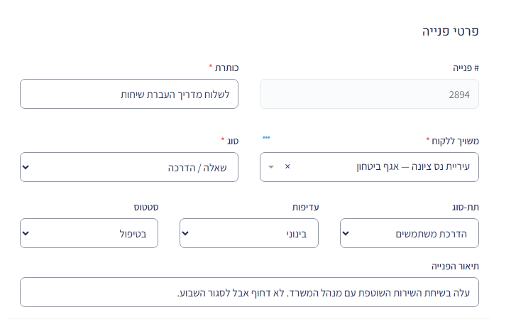 טופס כרטיס פנייה: שורות עם שני שדות (# פנייה וכותרת, לקוח וסוג), שורה עם שלושה שדות, ושדה 'תיאור הפנייה' ברוחב מלא