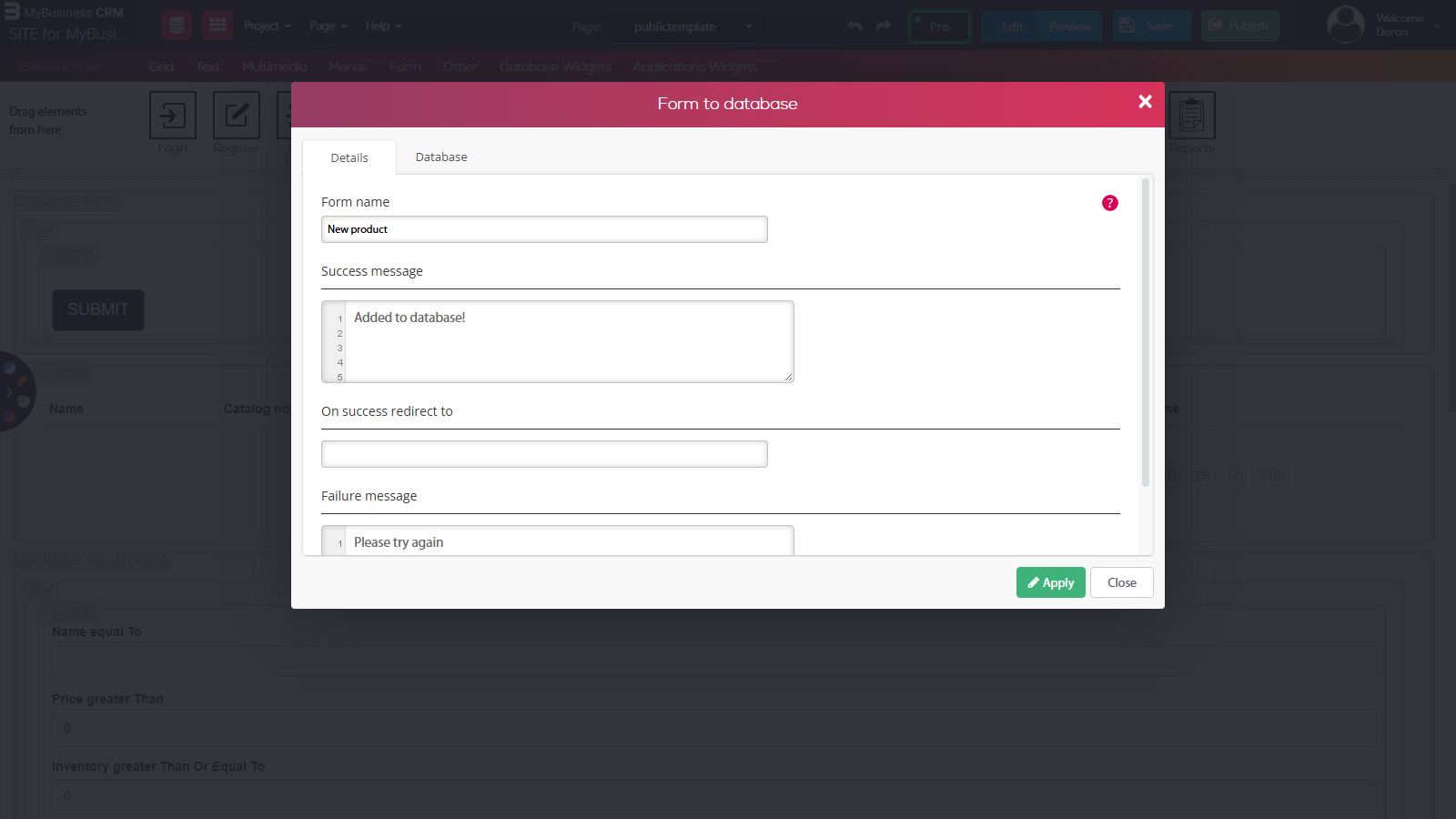 Website builder - Form to database dialog, Details tab: form name, success message, On success redirect to, and failure message