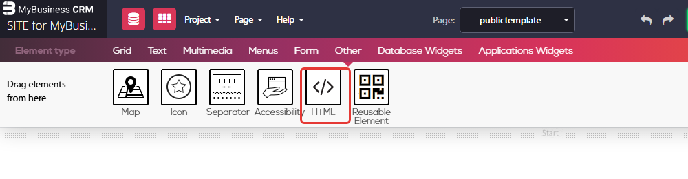 Website builder - the Other tab of the elements bar, with the HTML element marked