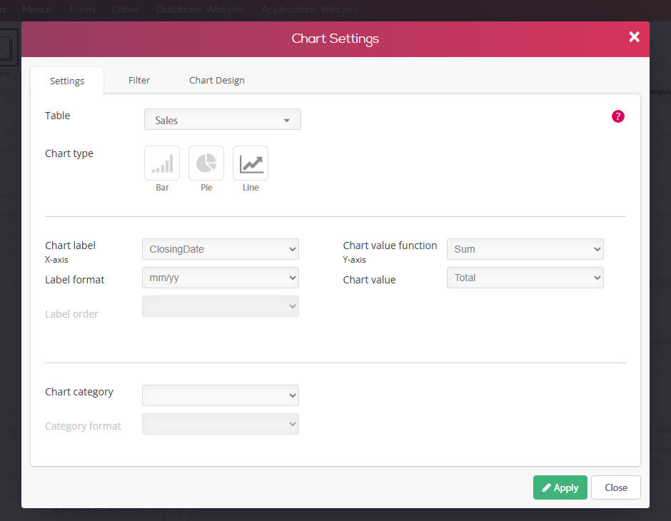 חלון Chart Settings בעורך הדפים — גרף מטבלת Sales לפי ClosingDate בפורמט mm/yy, פונקציית Sum על השדה Total