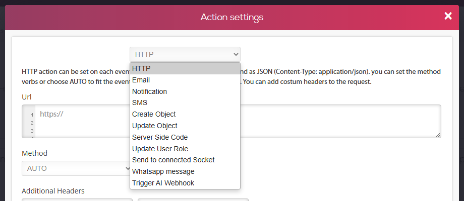 חלון Action settings — רשימת סוגי הפעולות פתוחה: HTTP, Email, Notification, SMS, Create Object, Update Object, Server Side Code, Update User Role, Send to connected Socket, Whatsapp message, Trigger AI Webhook