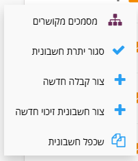 תפריט 'פעולות נוספות' של חשבונית מס: מסמכים מקושרים, סגור יתרת חשבונית, צור קבלה חדשה, צור חשבונית זיכוי חדשה, שכפל חשבונית
