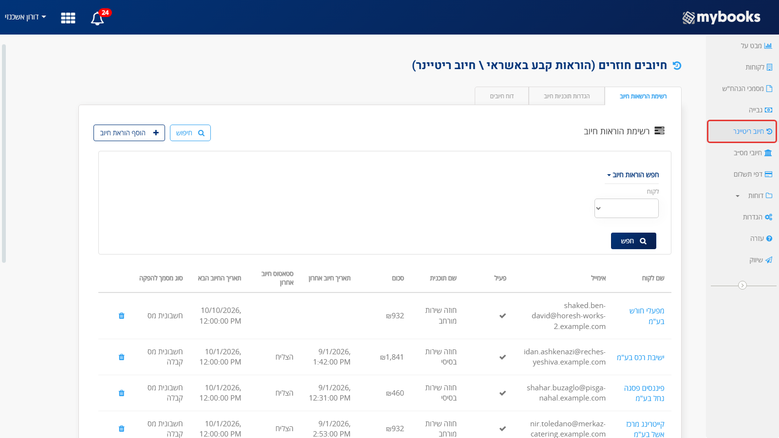 MyBooks: הקישור חיוב ריטיינר מסומן בתפריט הימני, ומסך חיובים חוזרים עם שלוש הלשוניות רשימת הרשאות חיוב, הגדרות תוכניות חיוב ודוח חיובים