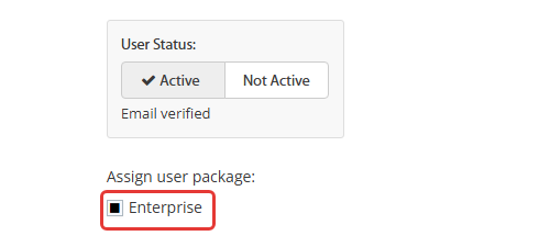חלון User Settings – תיבת הסימון של חבילת המנוי (Enterprise) תחת Assign user package מסומנת