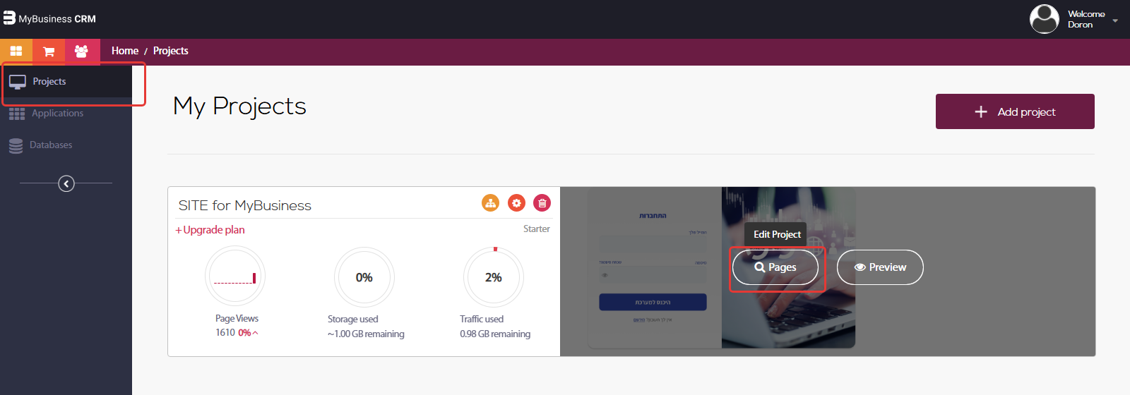 סביבת הפיתוח: Projects בתפריט הצד, ובמעבר עכבר על SITE for MyBusiness — כפתור Pages (Edit Project) מסומן