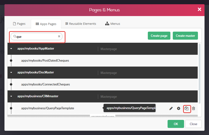 חלון Pages & Menus, לשונית Apps Pages — חיפוש 'que' מציג את apps/mybusiness/QueryPageTemplate, וכפתור השכפול מסומן