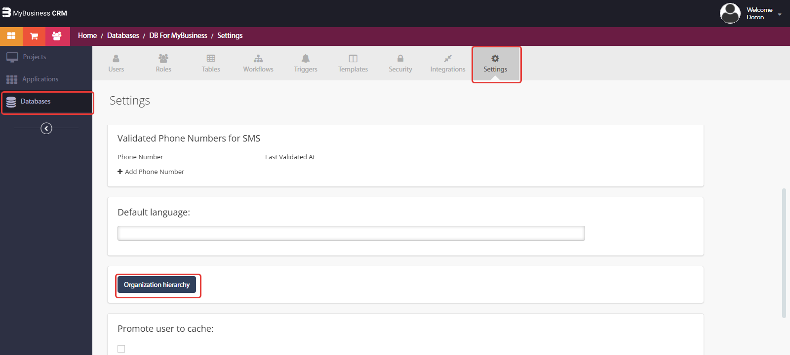 סביבת הפיתוח — Databases, לשונית Settings וכפתור Organization hierarchy מסומנים