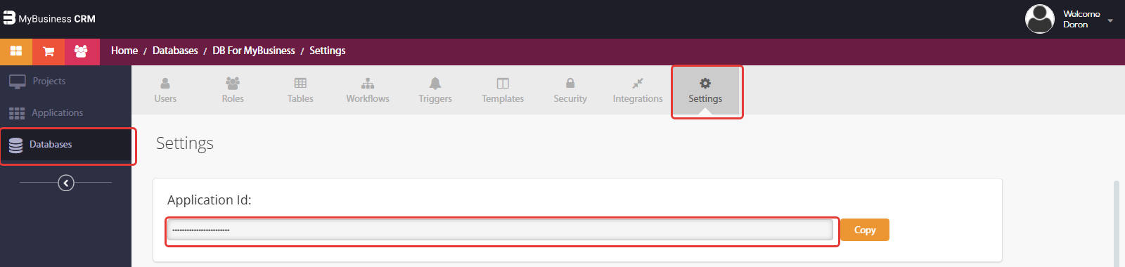 סביבת הפיתוח: Databases > לשונית Settings — שדה Application Id (מוסתר בצילום)