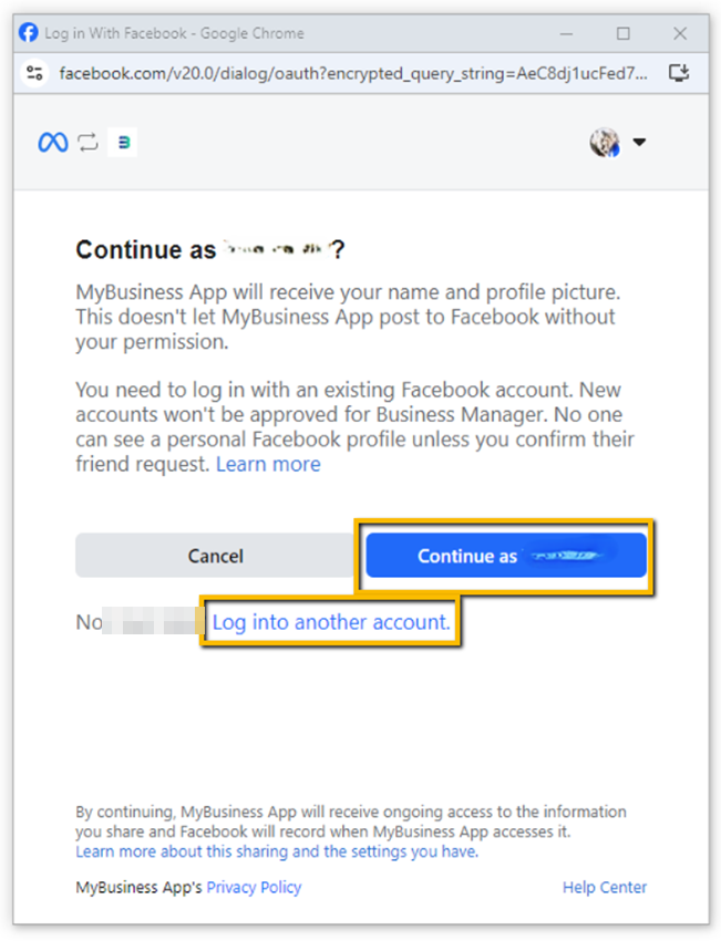 חלון ההתחברות של Facebook — Continue as והתחברות לחשבון אחר