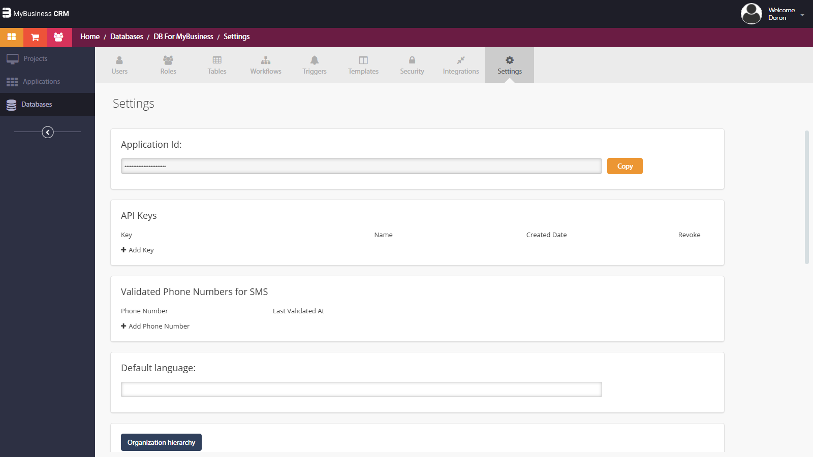 סביבת הפיתוח: Databases > DB For MyBusiness > Settings — שדה Application Id (מוסתר בצילום), API Keys ושאר ההגדרות