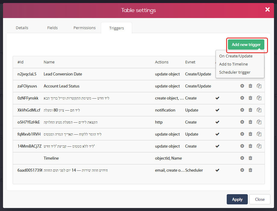 Table settings window of the Accounts table, Triggers tab: the list of triggers and the Add new trigger menu (On Create/Update, Add to Timeline, Scheduler trigger)