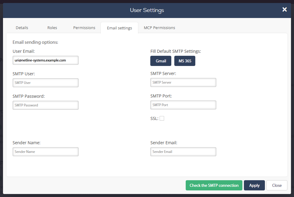 User Settings window, Email settings tab: User Email, SMTP User, SMTP Password, SMTP Server, SMTP Port, SSL, Sender Name, Sender Email and the Gmail / MS 365 default buttons