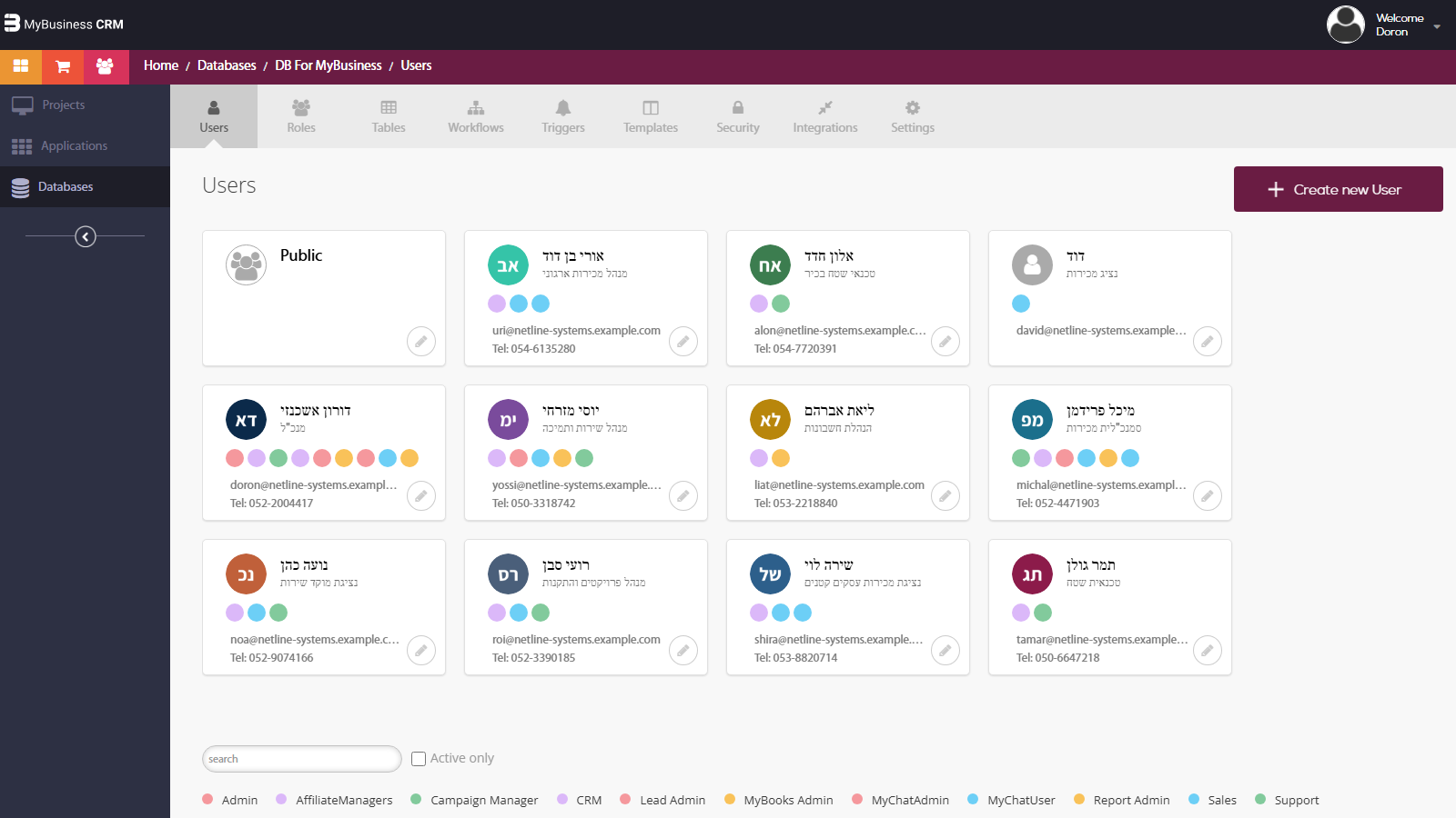 Development environment: Databases > DB for MyBusiness > Users tab with the user cards