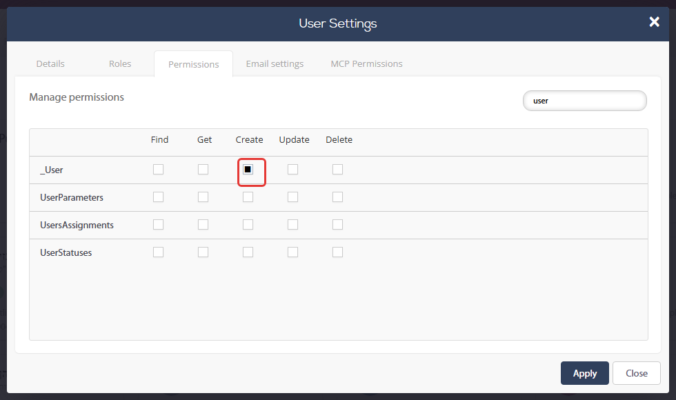 User Settings of the Public user, Permissions tab: Create ticked for the _User table